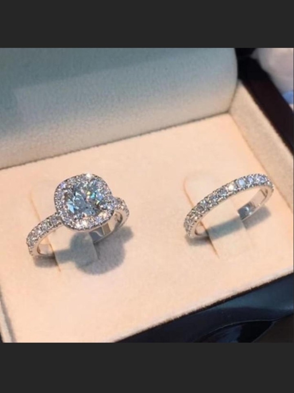 Silver Stainless Steel White Halo Engagement Ring and Matching Band Set